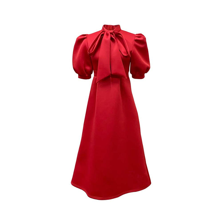 Damen Elegantes Midi-Kleid mit Puffärmeln und Bindegürtel Drune