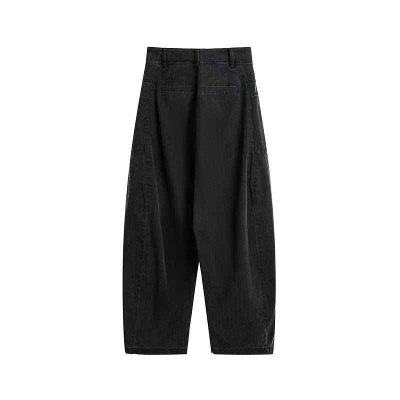 Damen Weite High‑Waist Cargo-Hose mit tiefem Schritt und aufgesetzten Seitentaschen Drune