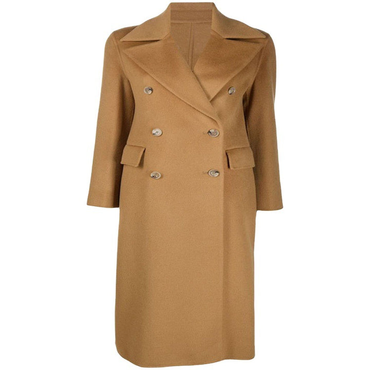 Damen Bodenlanger Zweireihiger Wollmix-Longcoat mit dezentem Gehschlitz und breitem Schalkragen Drune