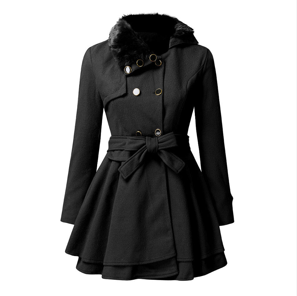 Damen eleganter Trenchcoat mit abnehmbarem Fellkragen und Taillengürtel Drune