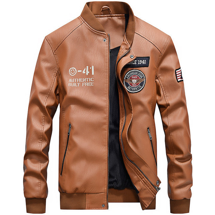 Herren nan leichte Kunstleder-Bomberjacke im Pilotenstil mit gestickten Patches und verdeckter Reißverschlussleiste Drune