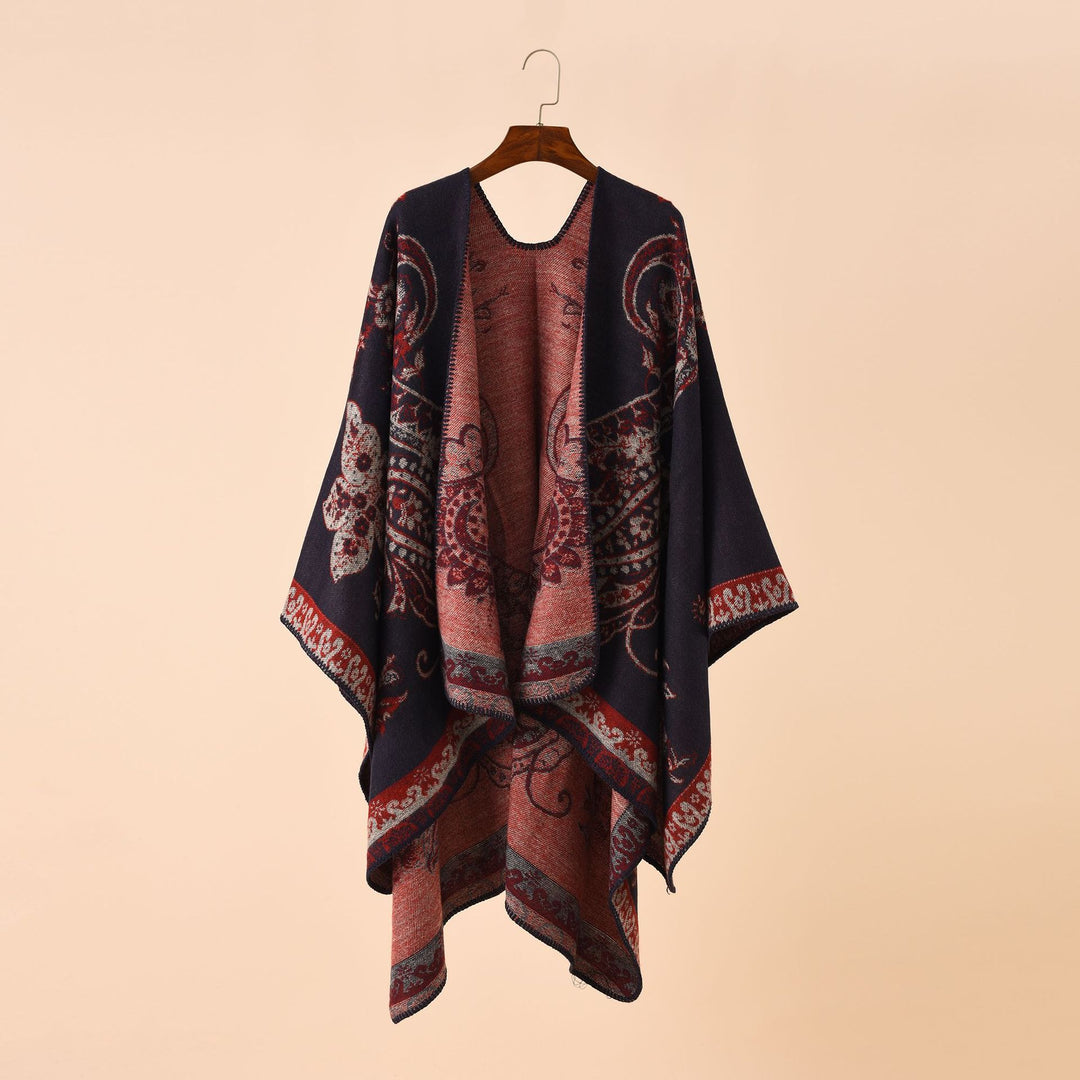Damen Oversize Strickponcho mit Paisley-Muster und offenem Fall Drune