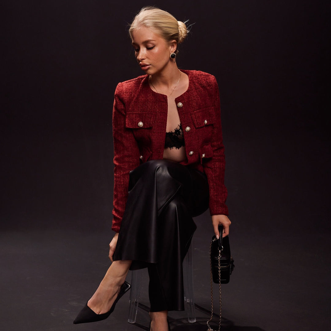 Damen elegante Kurzjacke mit funkelnden Knopfdetails Drune
