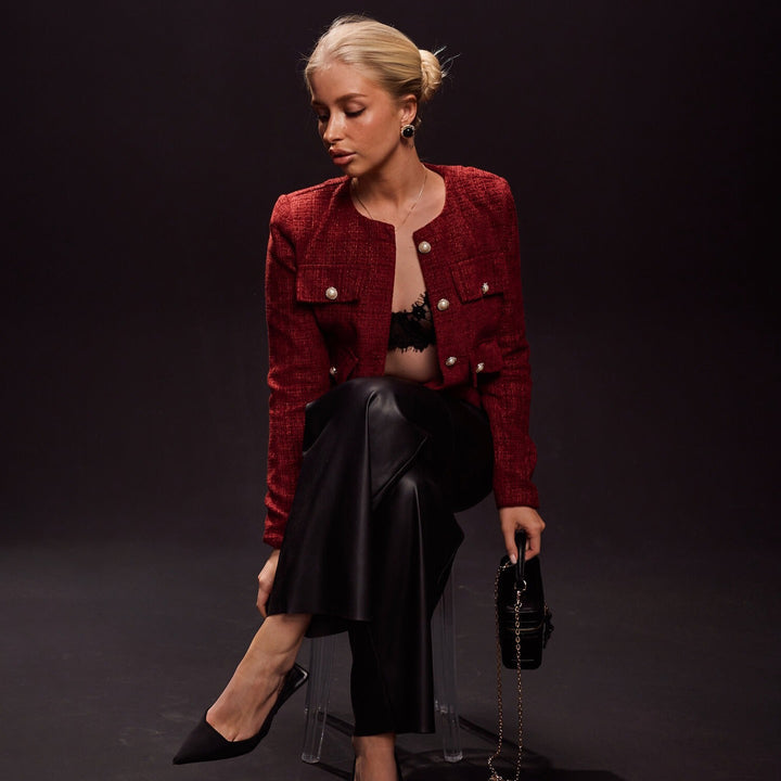 Damen elegante Kurzjacke mit funkelnden Knopfdetails Drune