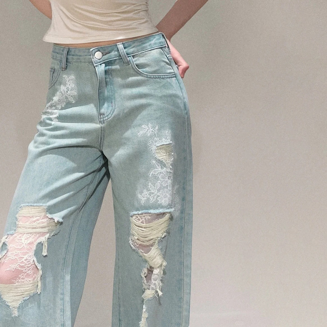 Damen Weit geschnittene Jeans mit individuellen Destroyed-Details und floralem Print Drune