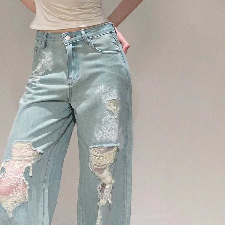 Damen Weit geschnittene Jeans mit individuellen Destroyed-Details und floralem Print Drune