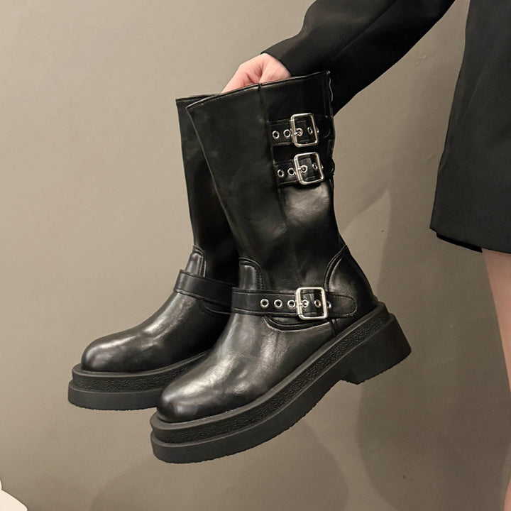 Damen Modische Overkneestiefel mit Schnallen- und Blockabsatz Drune