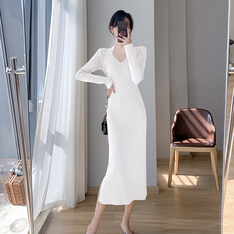 Damen Strickkleid mit V-Ausschnitt und seitlichen Schlitzen Drune