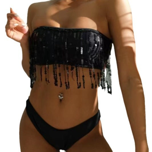 Damen Bandeau-Bikini mit glitzernden Quasten Drune