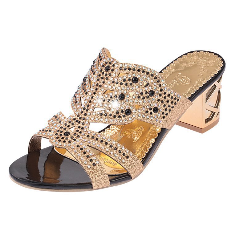 Damen nan verzierte Sandalette mit mittelhohem Blockabsatz und funkelndem Strassbesatz Drune