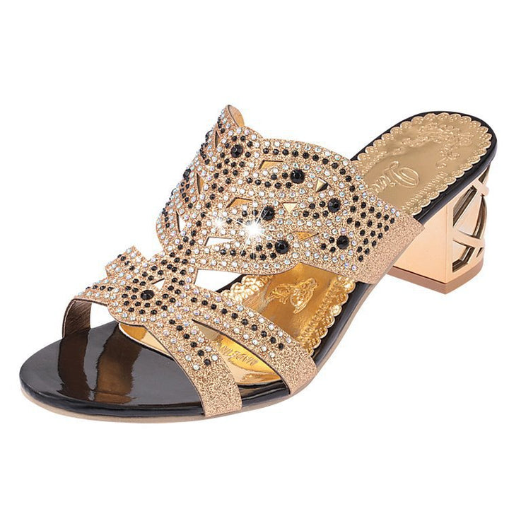 Damen nan verzierte Sandalette mit mittelhohem Blockabsatz und funkelndem Strassbesatz Drune