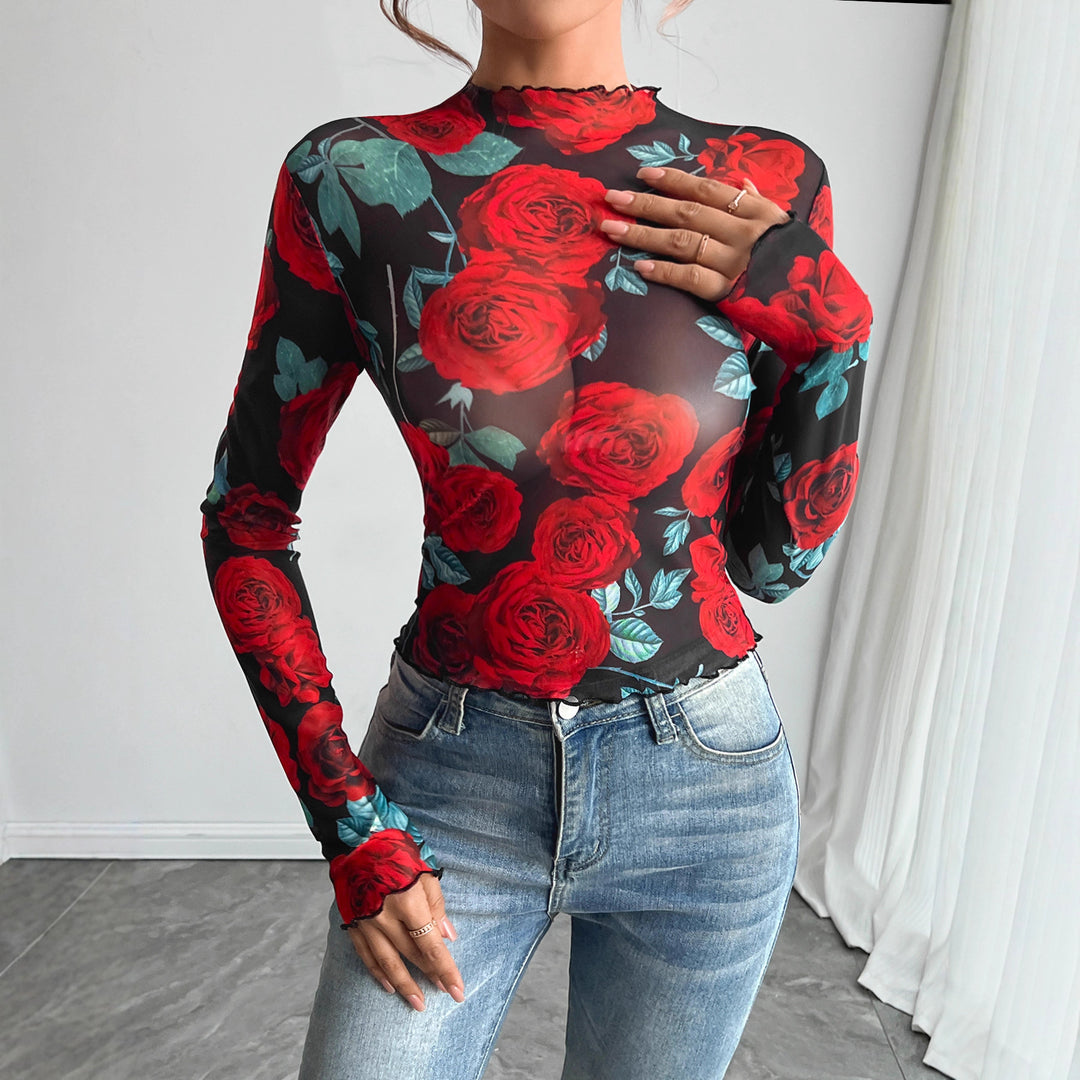 Damen nan figurbetontes Netz-Langarmshirt mit Rosenmotiv, Stehkragen und Wellensaum Drune