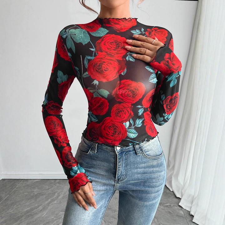 Damen nan figurbetontes Netz-Langarmshirt mit Rosenmotiv, Stehkragen und Wellensaum Drune