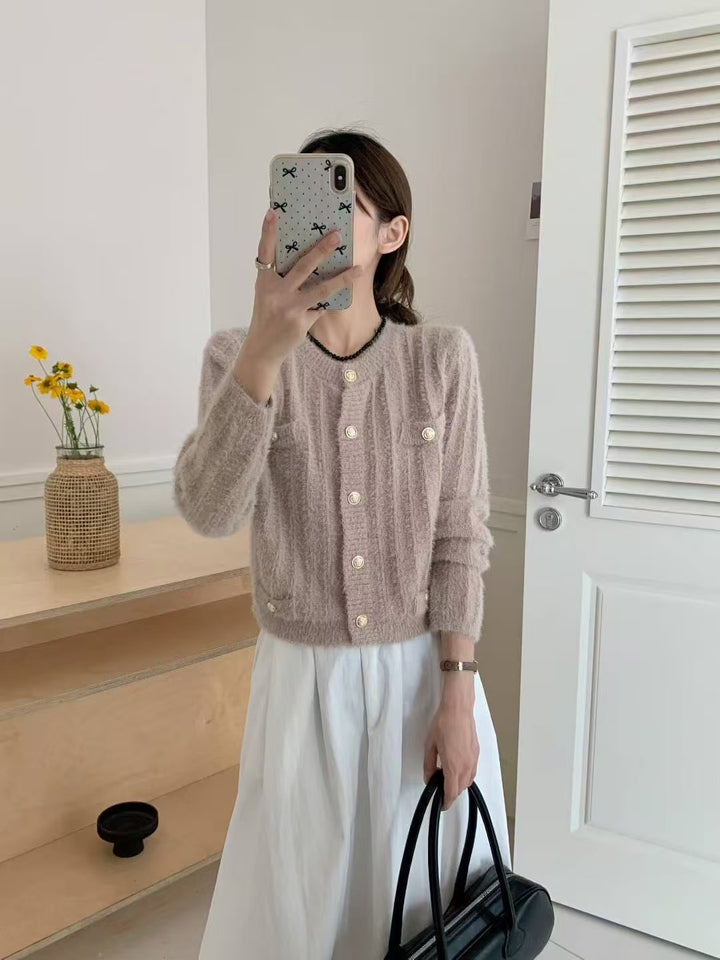Damen Flauschiger Cardigan mit perligen Knöpfen Drune