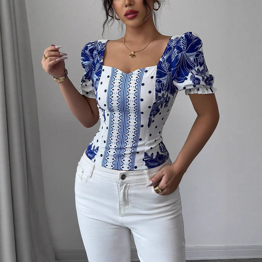 Damen Puffärmel Bluse mit floralem Muster Drune