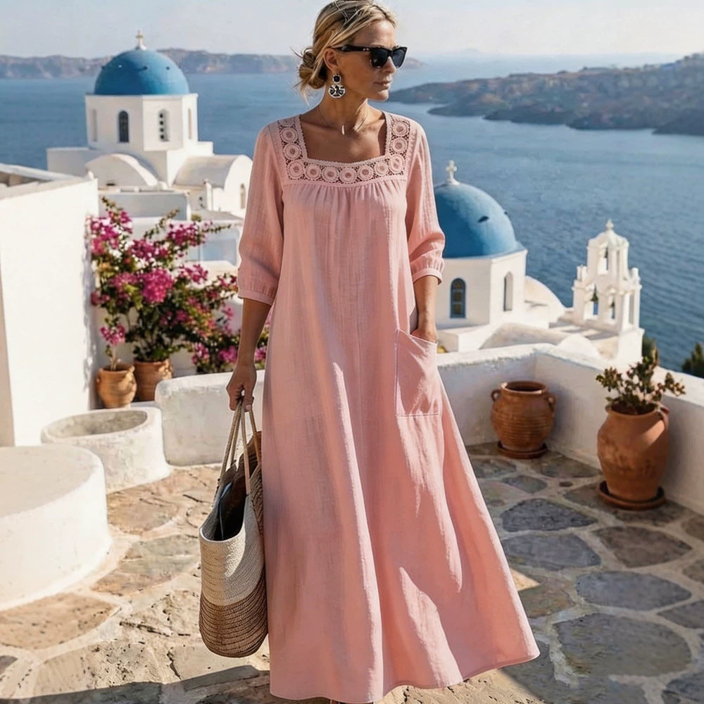 Damen Maxikleid mit elegantem Rundhalsausschnitt und praktischen Taschen Drune