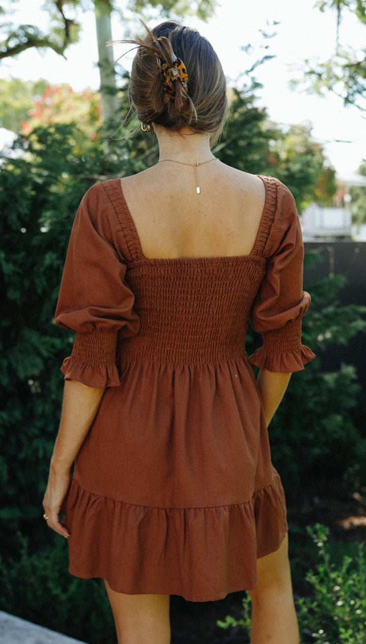Damen schulterfreies Minikleid mit elastischem Rüschensaum und Puffärmeln Drune