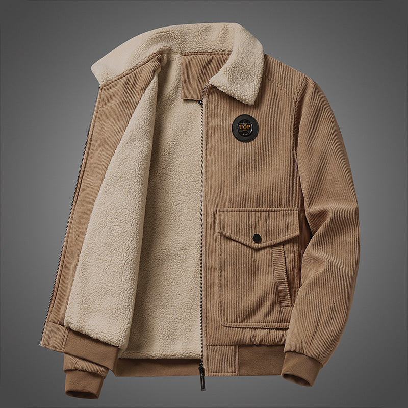 Herren Cord-Blouson mit durchgehendem Sherpa-Futter, Umlegekragen und Pattentaschen Drune
