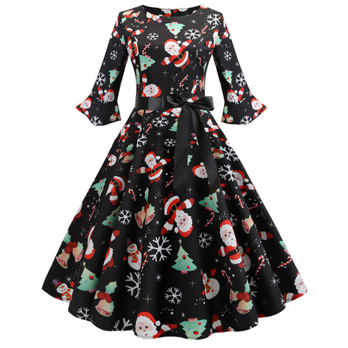 Damen Weihnachtsfestliches Kleid mit schwingendem Rock und langen Ärmeln Drune