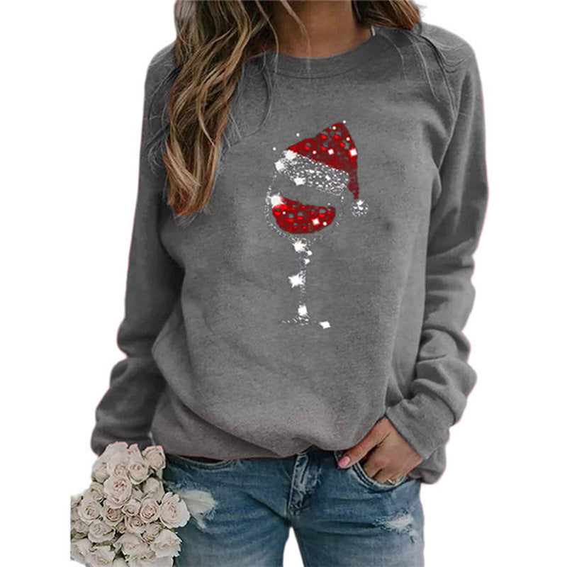 Damen Weihnachts Sweatshirt mit Pailletten Weinglas und Rundhalsausschnitt Drune