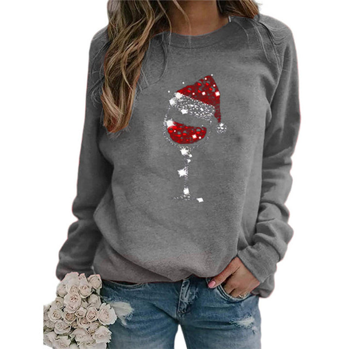 Damen Weihnachts Sweatshirt mit Pailletten Weinglas und Rundhalsausschnitt Drune