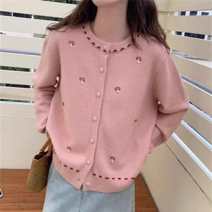 Damen Strickjacke mit floralem Stickdesign und Rundhalsausschnitt Drune