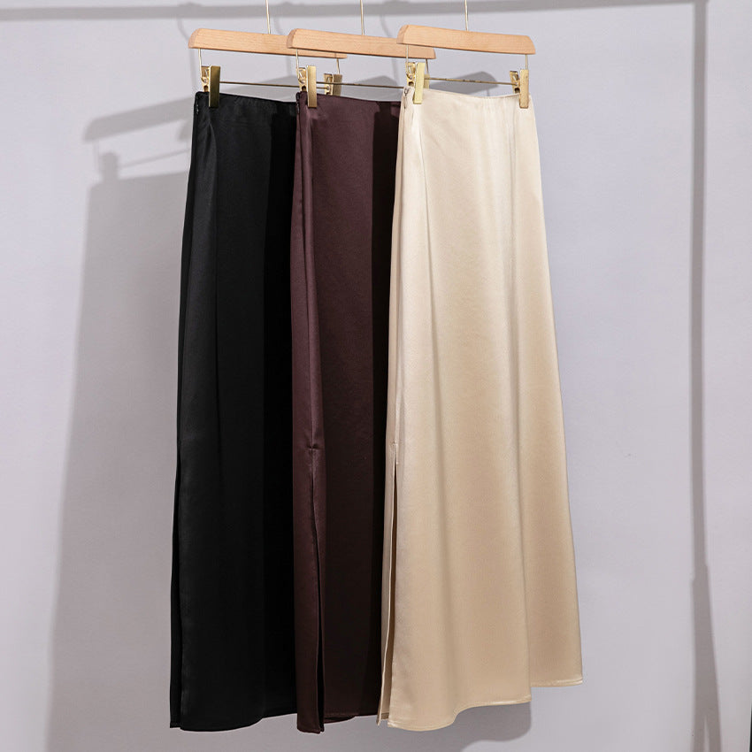Damen Langer eleganter Satin-Biaisrock mit hohem Bund und fließender Silhouette Drune