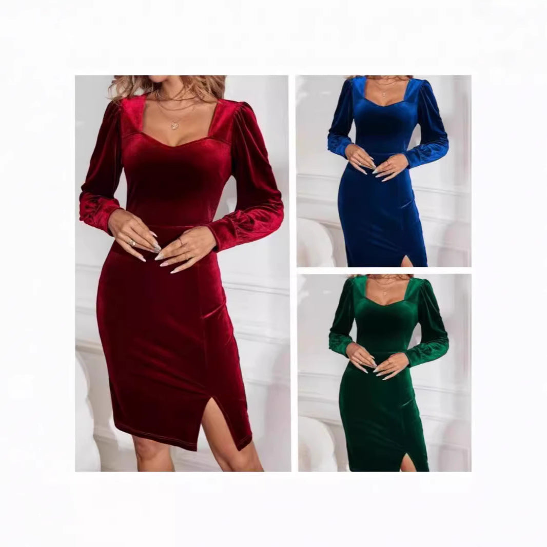 Damen Samt Kleid mit elegantem V-Ausschnitt und Puffärmeln Drune