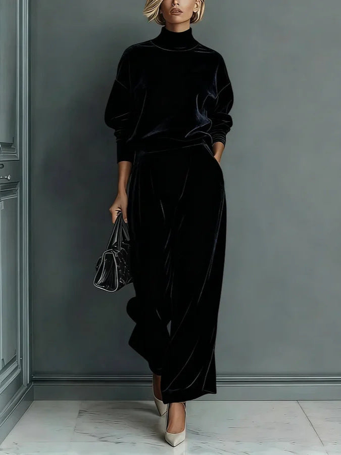 Damen Samt-Lounge-Set mit Rollkragenpullover und weiter Plissee-Hose Drune