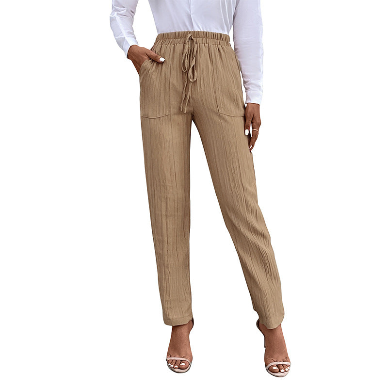 Damen Leichte Crinkle-Hose mit hohem Elastikbund, Tunnelzug und aufgesetzten Taschen Drune