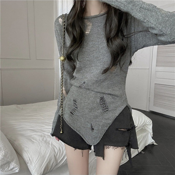 Damen stylischer Strickpullover mit lässigen Rissen und asymmetrischem Saum Drune