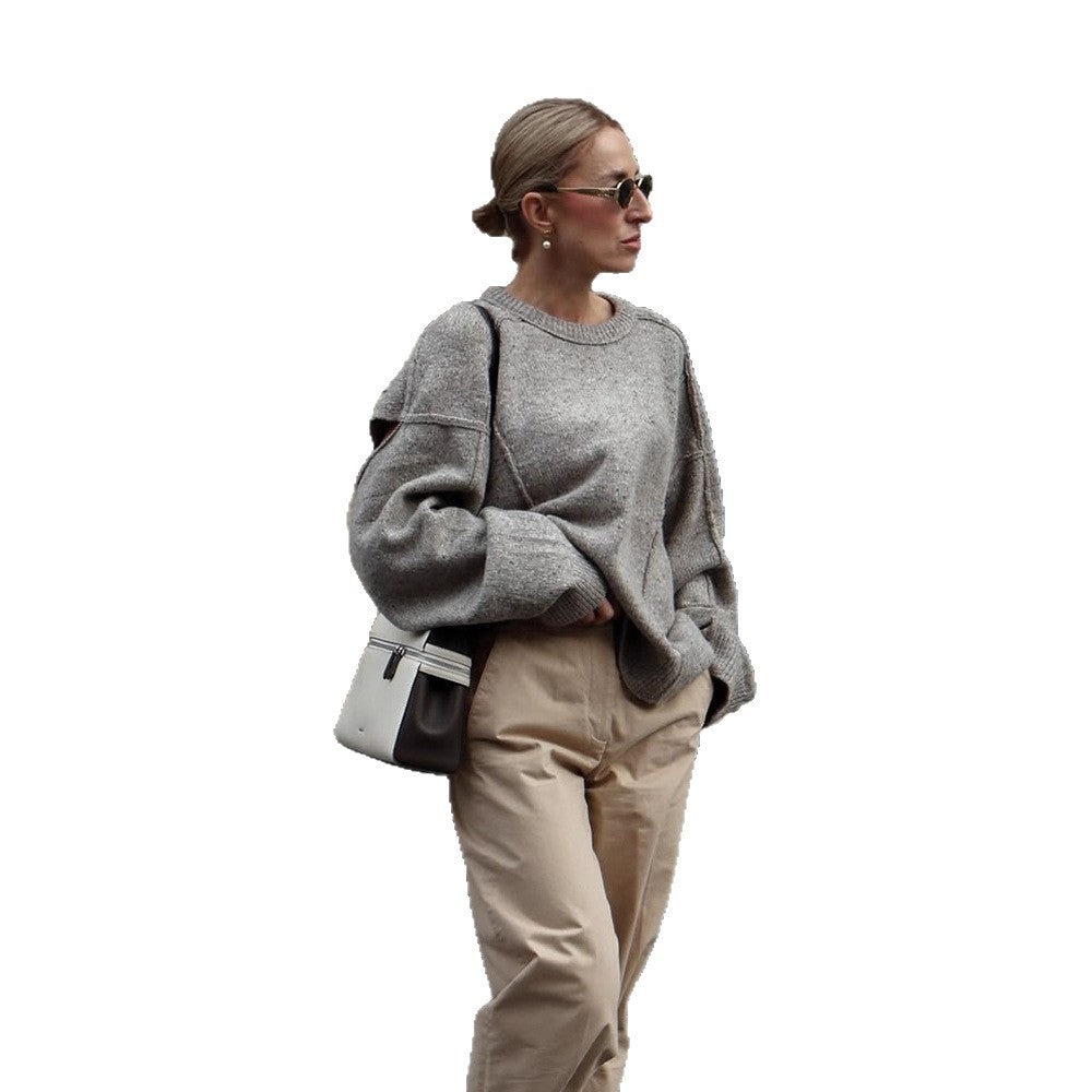 Damen Oversize Strukturstrick-Pullover mit überlangen Ballonärmeln und Rundhalsausschnitt Drune