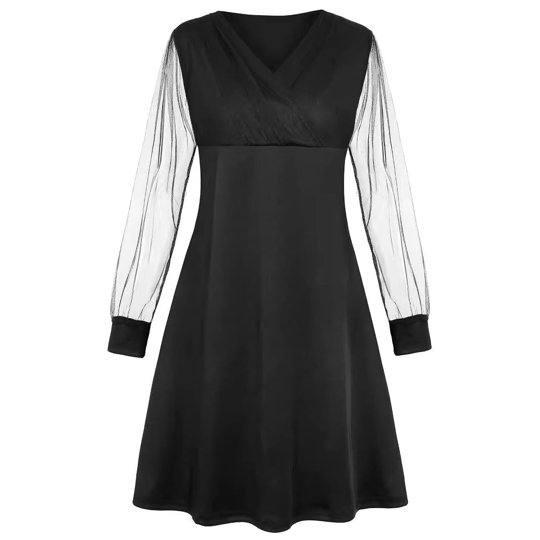 Damen nan elegant tailliertes A-Linien-Kleid mit transparenten Mesh-Ärmeln Drune