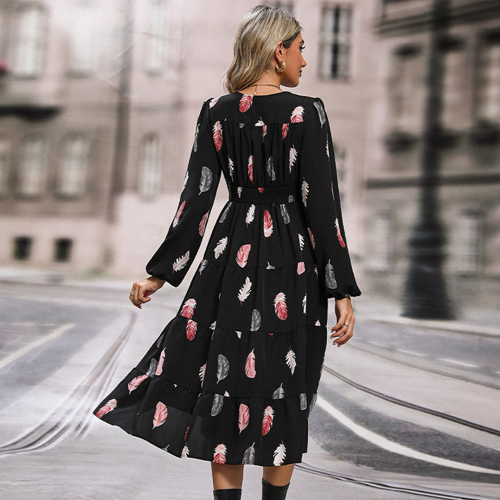 Damen Langarm Kleid mit Federprint Drune