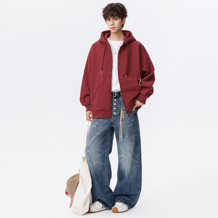 Unisex Oversize Kapuzen-Sweatjacke mit durchgehendem Reißverschluss, Kängurutaschen und gerippten Bündchen Drune