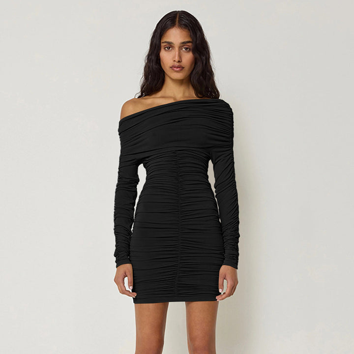 Damen Figurbetontes Off-Shoulder Kleid mit Raffung und langen Ärmeln Drune