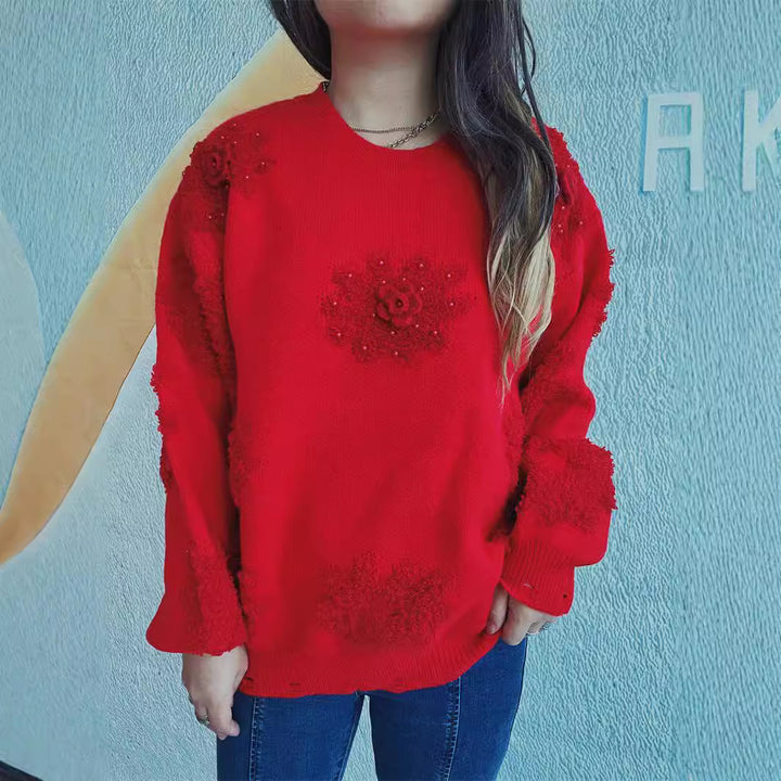 Damen fröhlicher Pullover mit floralen Applikationen und strukturiertem Strickdesign Drune