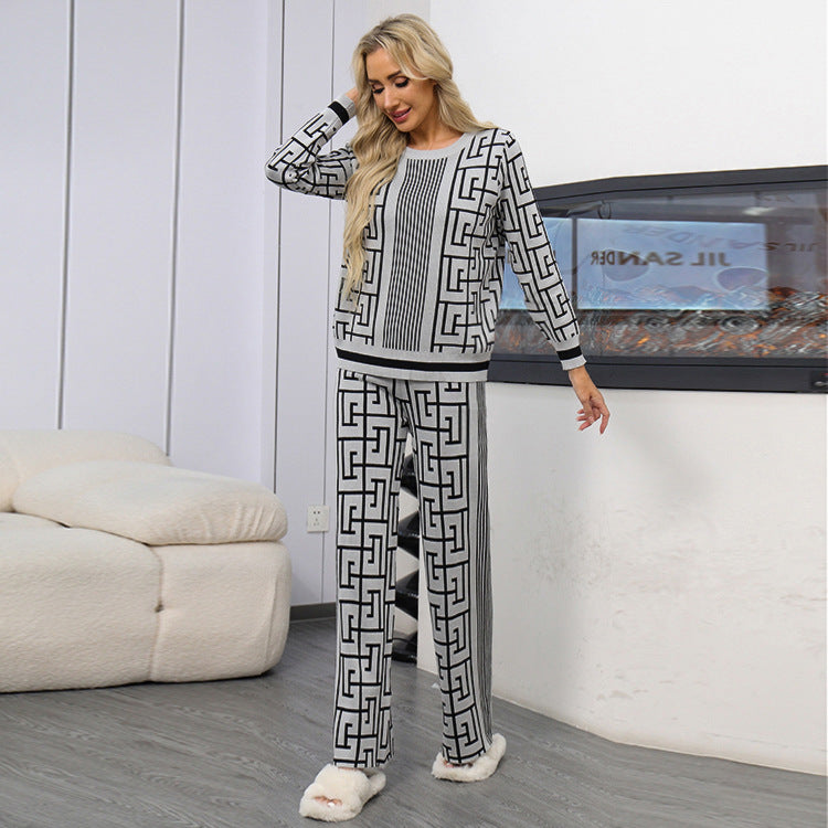Damen modisches und komfortables Strick-Loungewear-Set mit grafischem Muster Drune