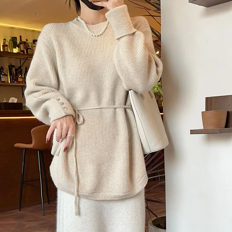 Damen lockerer Strickpulli mit Taillenschnürung und lässigem Schnitt Drune