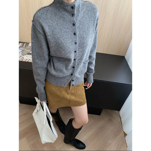 Damen kuschelige Strickjacke mit praktischen Taschen und Knopfverschluss Drune