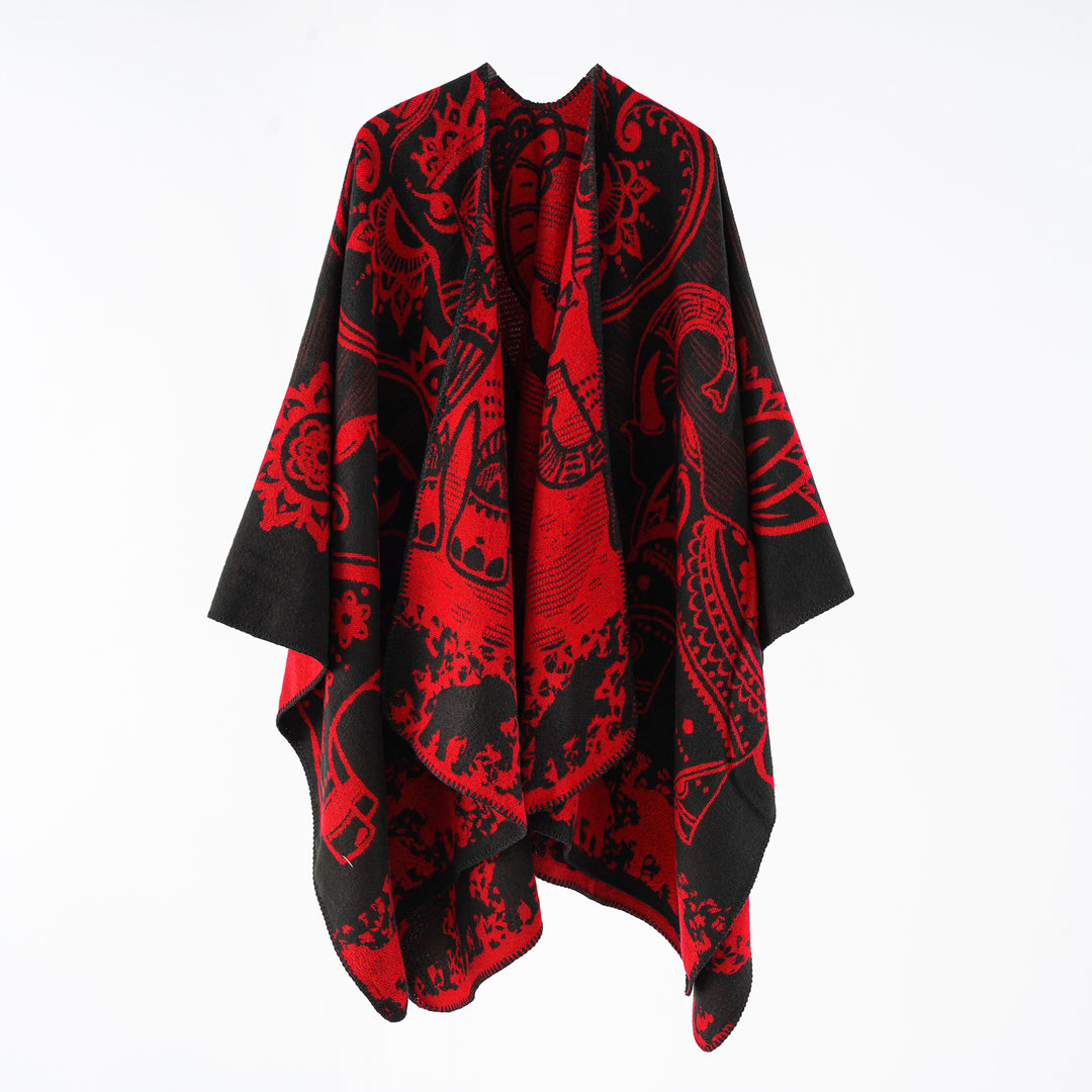 Damen Jacquard-Überwurfponcho mit doppelseitiger Webstruktur und Zierstichkante Drune
