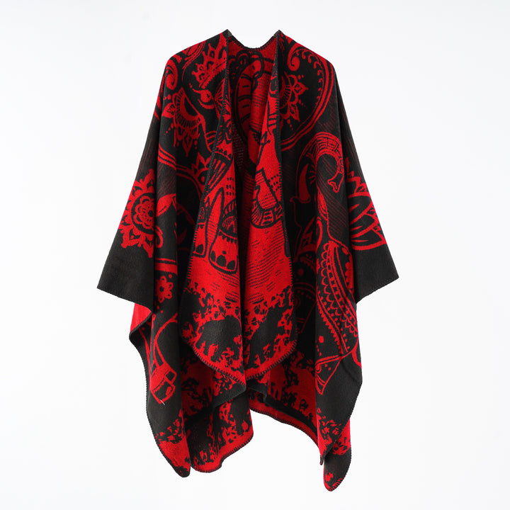 Damen Jacquard-Überwurfponcho mit doppelseitiger Webstruktur und Zierstichkante Drune