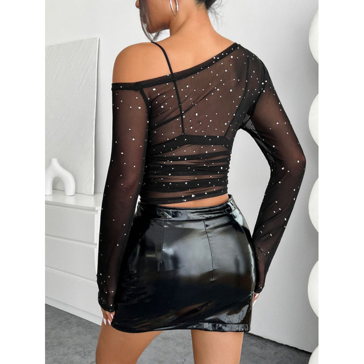 Damen Transparente Bluse mit Strass-Applikationen und langen Ärmeln Drune