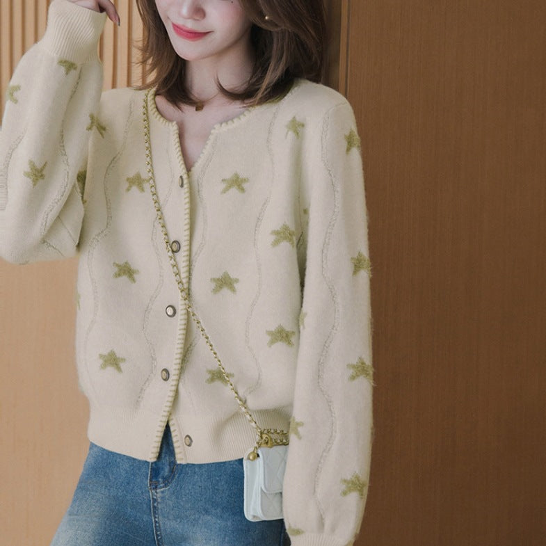 Damen Strickjacke mit floralem Muster und Knopfdetails Drune