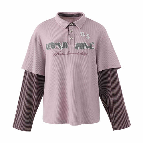 Damen Lässiges Layered-Polo-Shirt mit Rippenstruktur und gestreiften Einsatzärmeln Drune