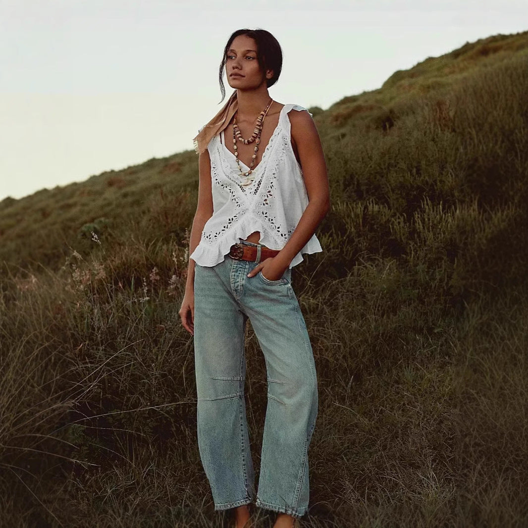 Damen luftiger Leinen-Crop-Top mit Rüschen Drune