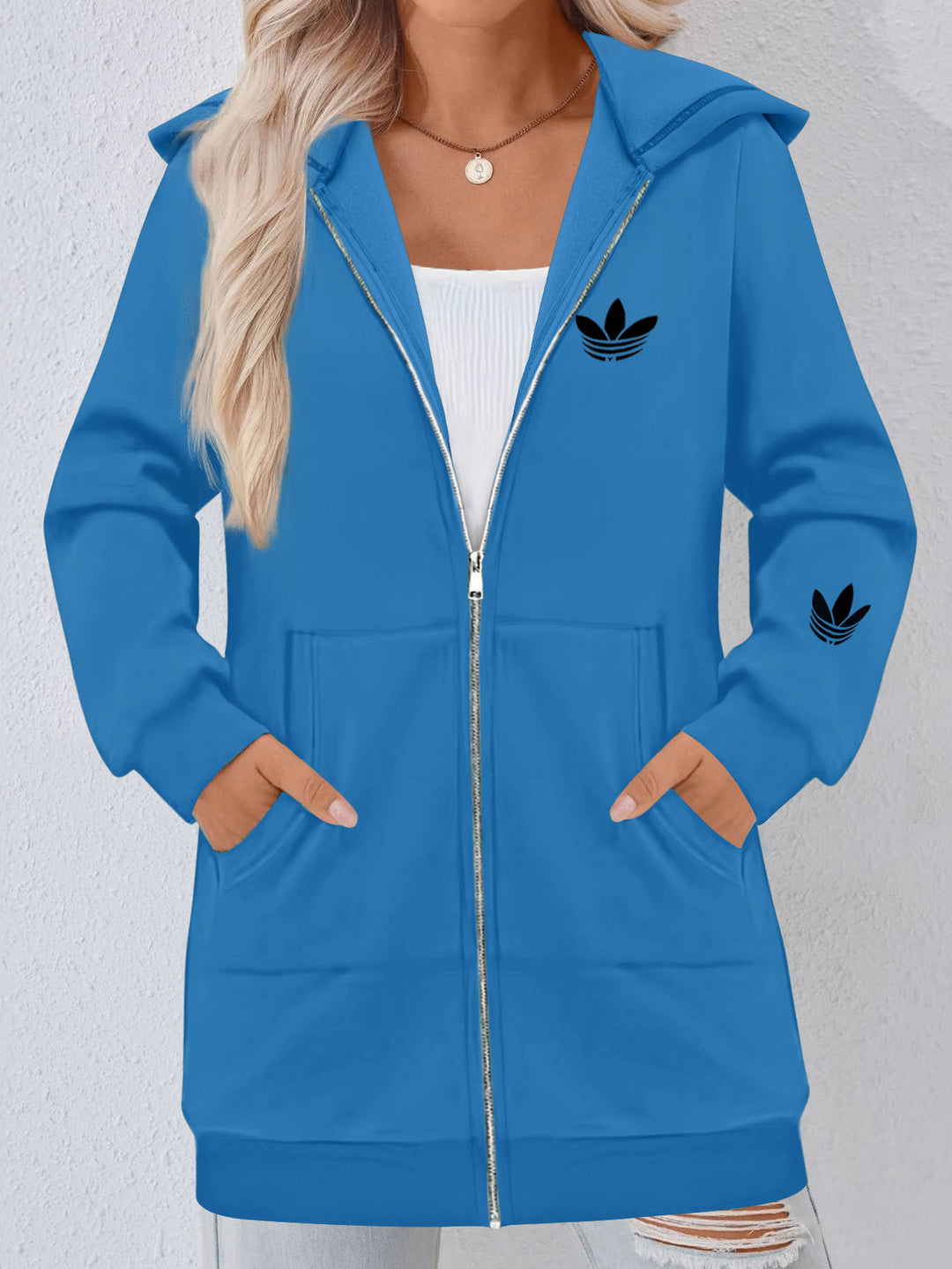 Damen Lange Kapuzen-Sweatjacke mit Metallreißverschluss, Kängurutaschen und figurumspielender Silhouette Drune