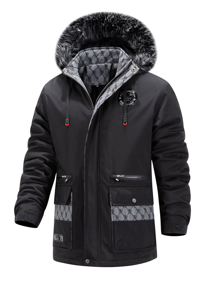 Herren Langer Thermo-Parka mit Kapuze, Logo-Innenfutter und Multifunktions-Taschen Drune