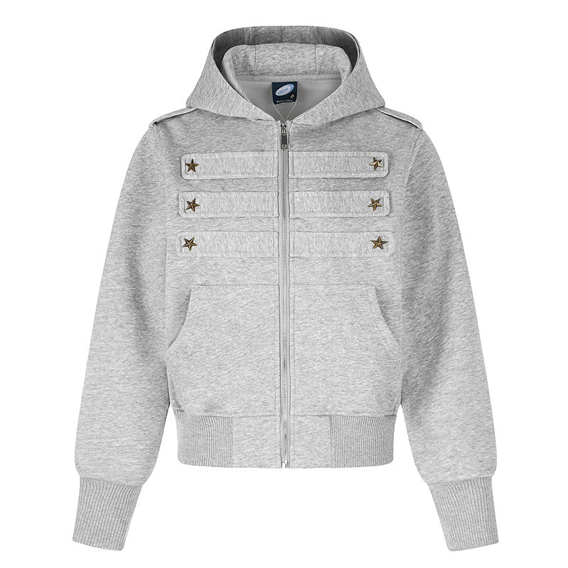 Damen Kurz geschnittene Kapuzen-Sweatjacke im Military-Camo mit dekorativen Stern‑Strapdetails Drune