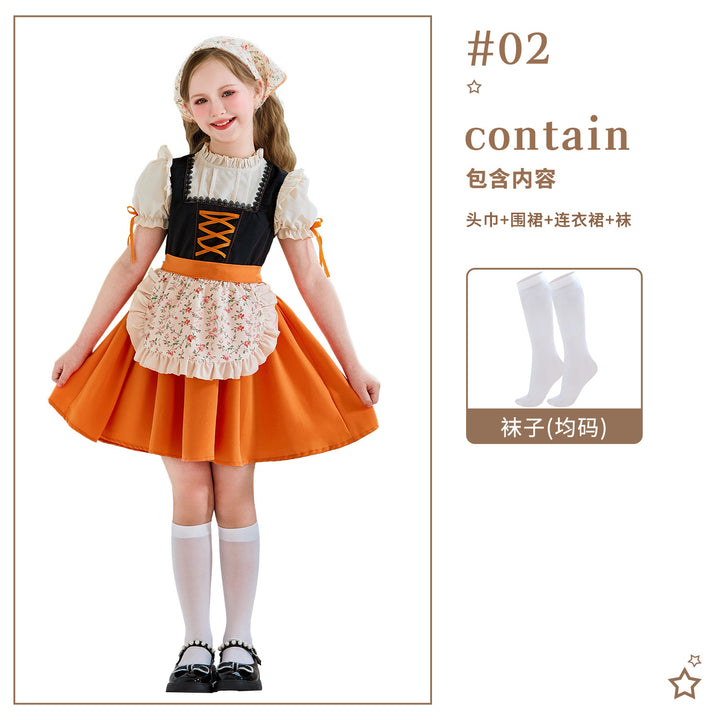 Damen nan traditionelles Kinderdirndl mit Schnürung, Rüschenschürze und Kopftuch Drune